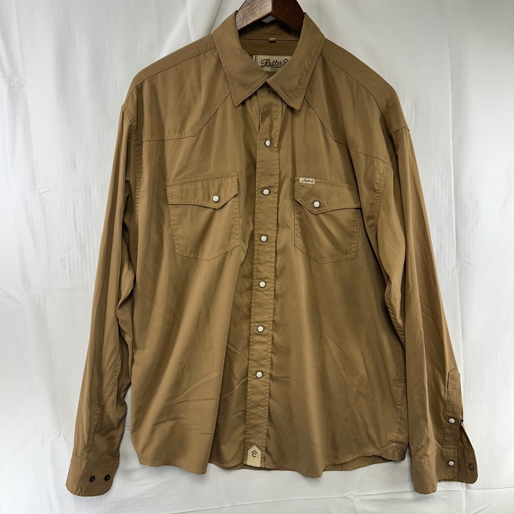 Rafter C Outdoors Western Snap Shirt Mens Medium Tan Nylon Stretch Long Sleeve